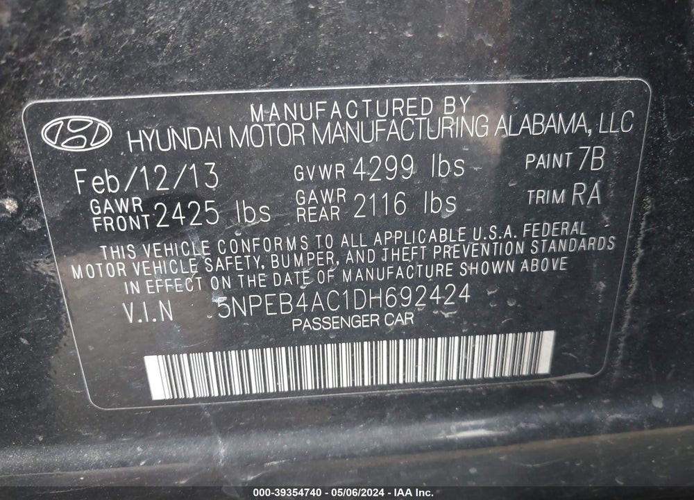 2013 HYUNDAI SONATA GLS VIN: 5NPEB4AC1DH692424