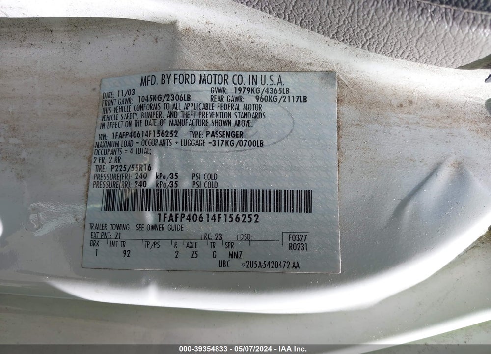 2004 FORD MUSTANG VIN: 1FAFP40614F156252
