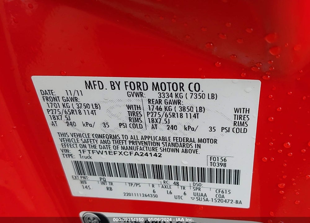 2012 FORD F-150 FX4 VIN: 1FTFW1EFXCFA24142