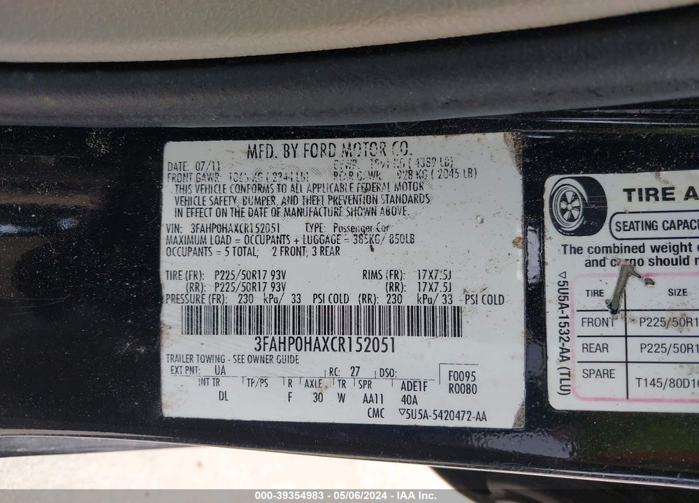 2012 FORD FUSION SE VIN: 3FAHP0HAXCR152051