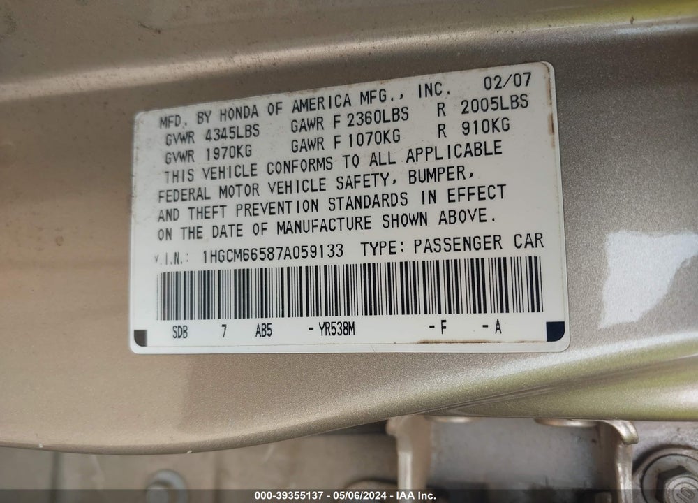2007 HONDA ACCORD 3.0 EX VIN: 1HGCM66587A059133