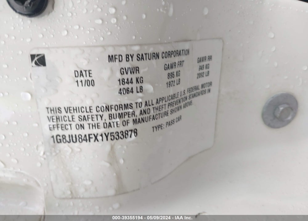 2001 SATURN LW200 VIN: 1G8JU84FX1Y533878