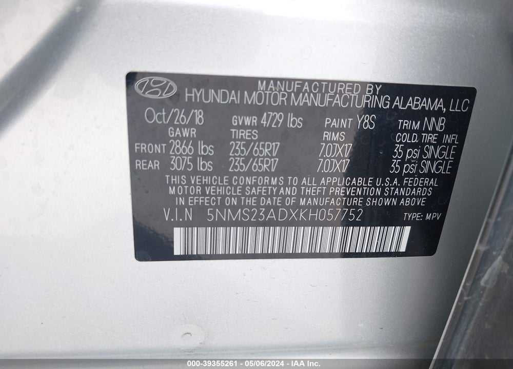 2019 HYUNDAI SANTA FE SE VIN: 5NMS23ADXKH057752