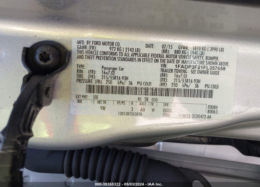 2015 FORD FOCUS SE VIN: 1FADP3F21FL357658