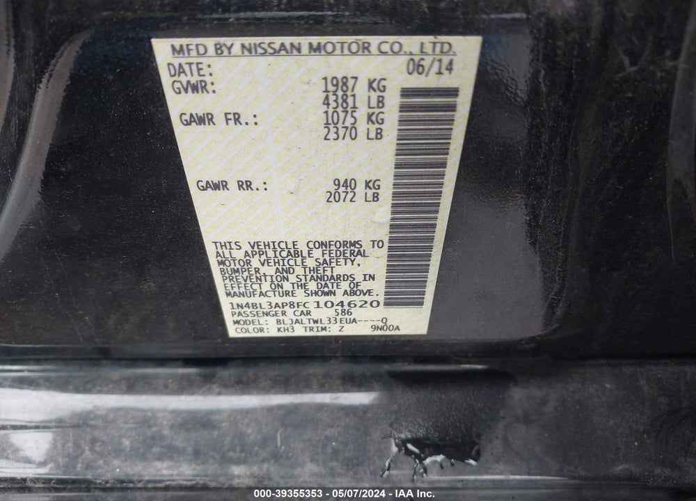 2015 NISSAN ALTIMA 3.5 S/3.5 SL/3.5 SV VIN: 1N4BL3AP8FC104620