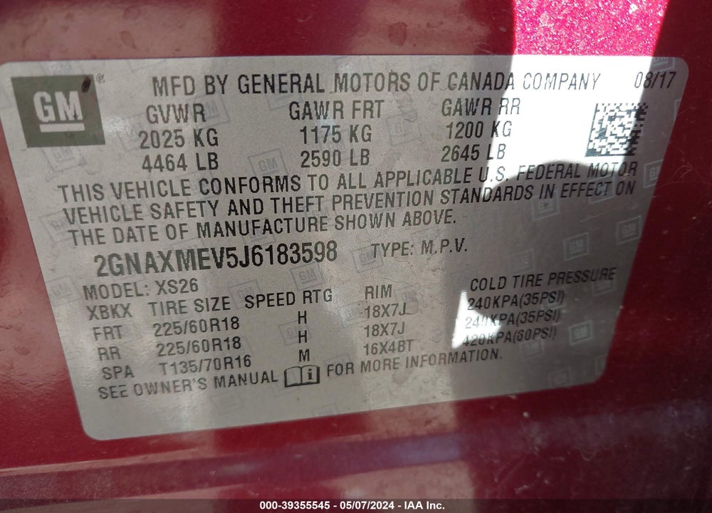 2018 CHEVROLET EQUINOX PREMIER VIN: 2GNAXMEV5J6183598