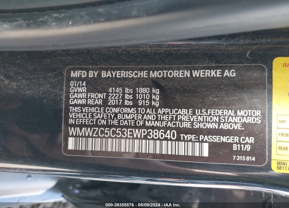 2014 MINI COUNTRYMAN COOPER S VIN: WMWZC5C53EWP38640