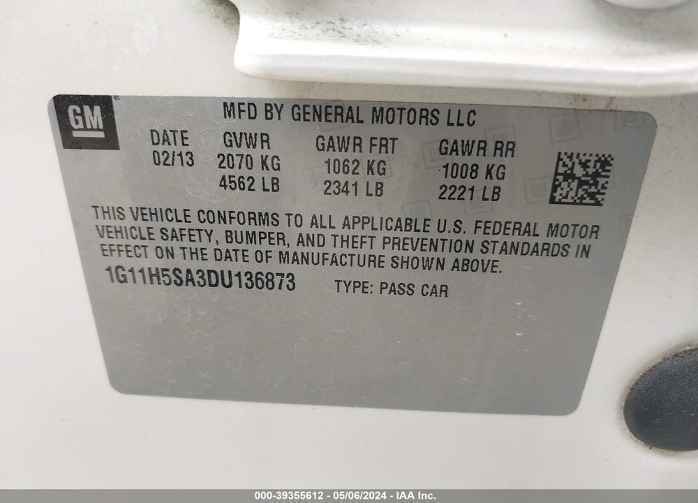 2013 CHEVROLET MALIBU 1LZ VIN: 1G11H5SA3DU136873