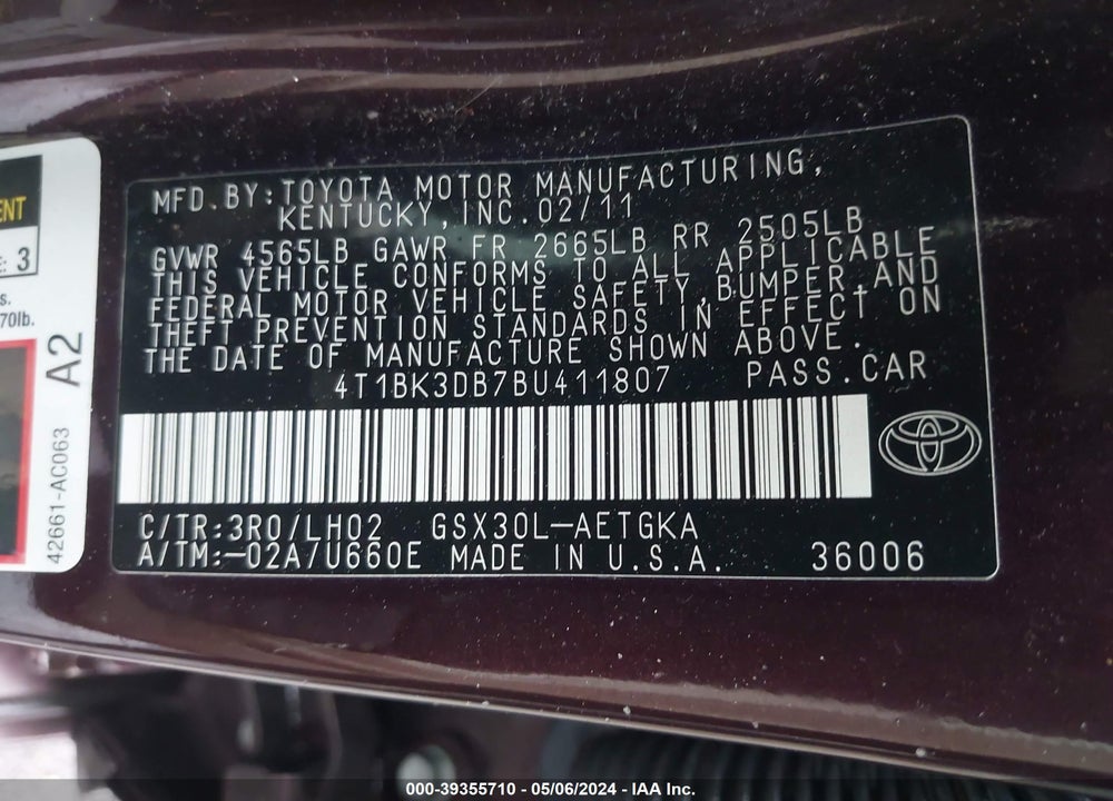 2011 TOYOTA AVALON LIMITED VIN: 4T1BK3DB7BU411807