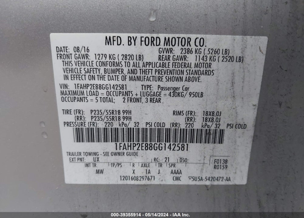 2016 FORD TAURUS SEL VIN: 1FAHP2E88GG142581