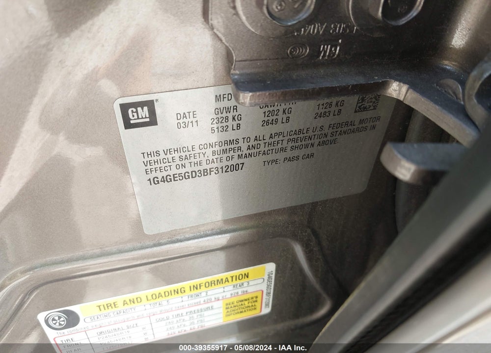 2011 BUICK LACROSSE CXS VIN: 1G4GE5GD3BF312007