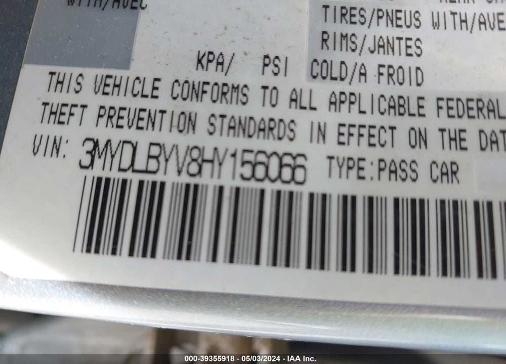 2017 TOYOTA YARIS IA VIN: 3MYDLBYV8HY156066