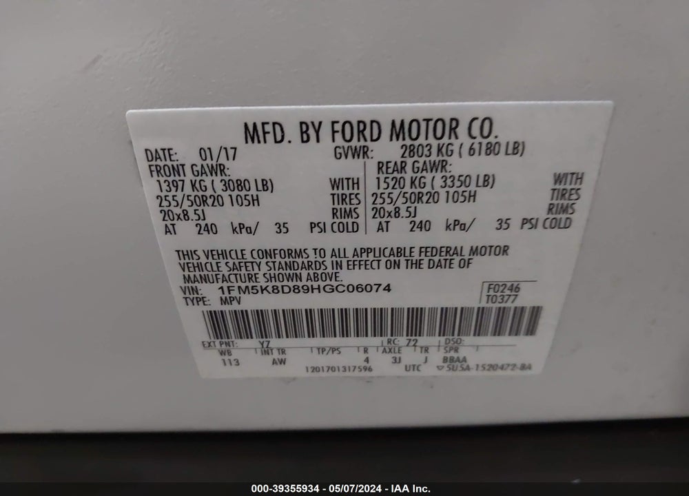 2017 FORD EXPLORER XLT VIN: 1FM5K8D89HGC06074