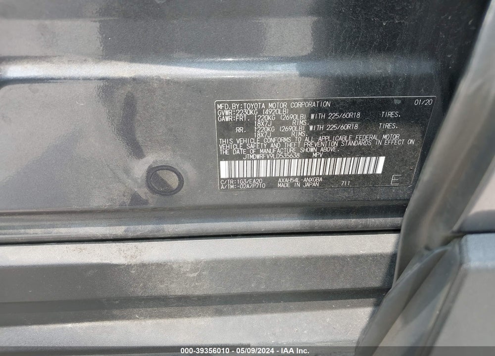 2020 TOYOTA RAV4 LIMITED HYBRID VIN: JTMDWRFV9LD535638