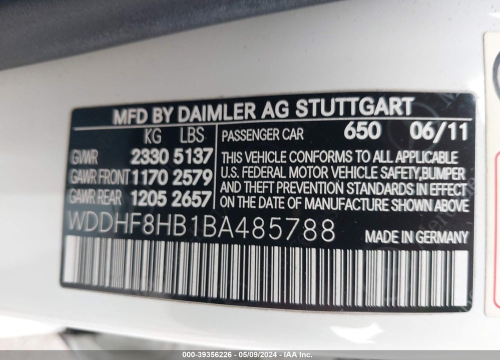 2011 MERCEDES-BENZ E 350 4MATIC VIN: WDDHF8HB1BA485788