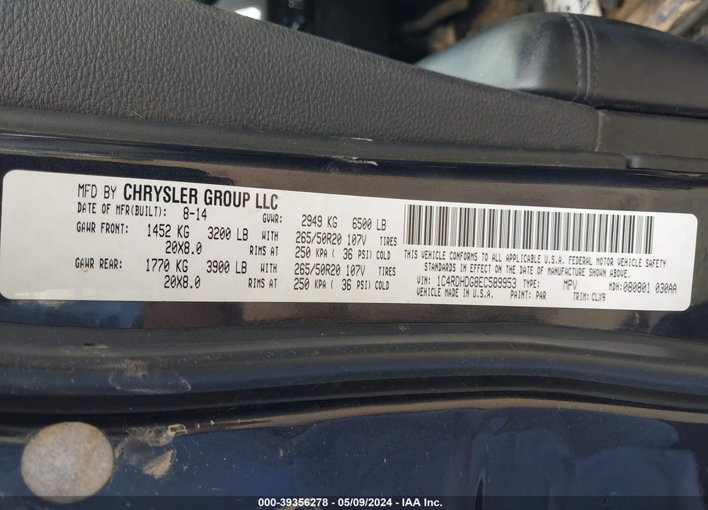 2014 DODGE DURANGO LIMITED VIN: 1C4RDHDG8EC589953
