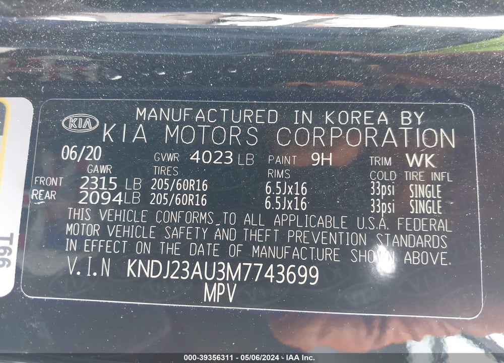 2021 KIA SOUL !/+/S VIN: KNDJ23AU3M7743699