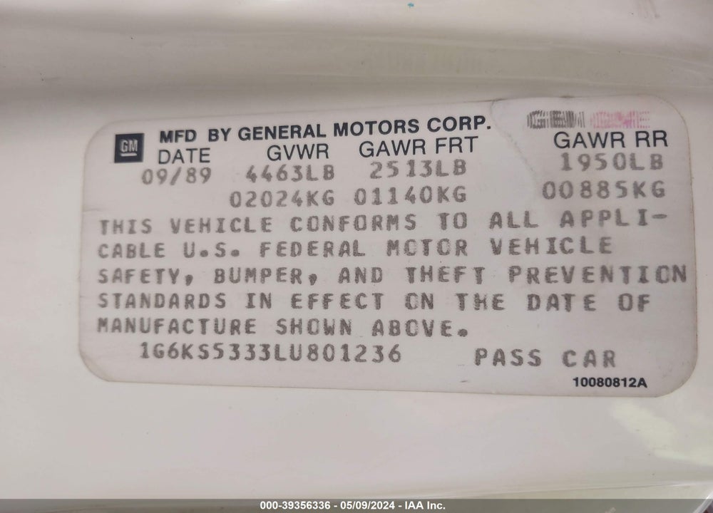 1990 CADILLAC SEVILLE VIN: 1G6KS5333LU801236