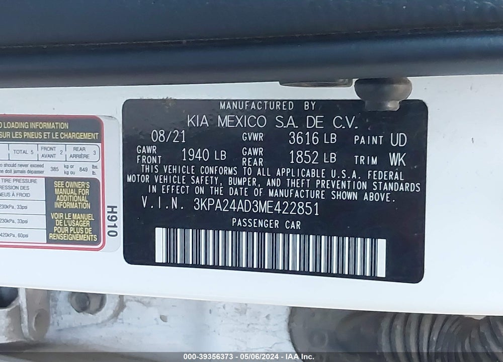 2021 KIA RIO S VIN: 3KPA24AD3ME422851