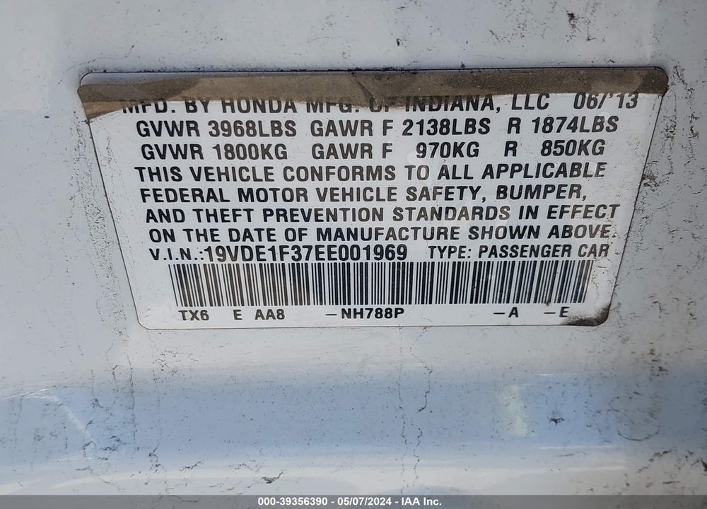 2014 ACURA ILX 2.0L VIN: 19VDE1F37EE001969