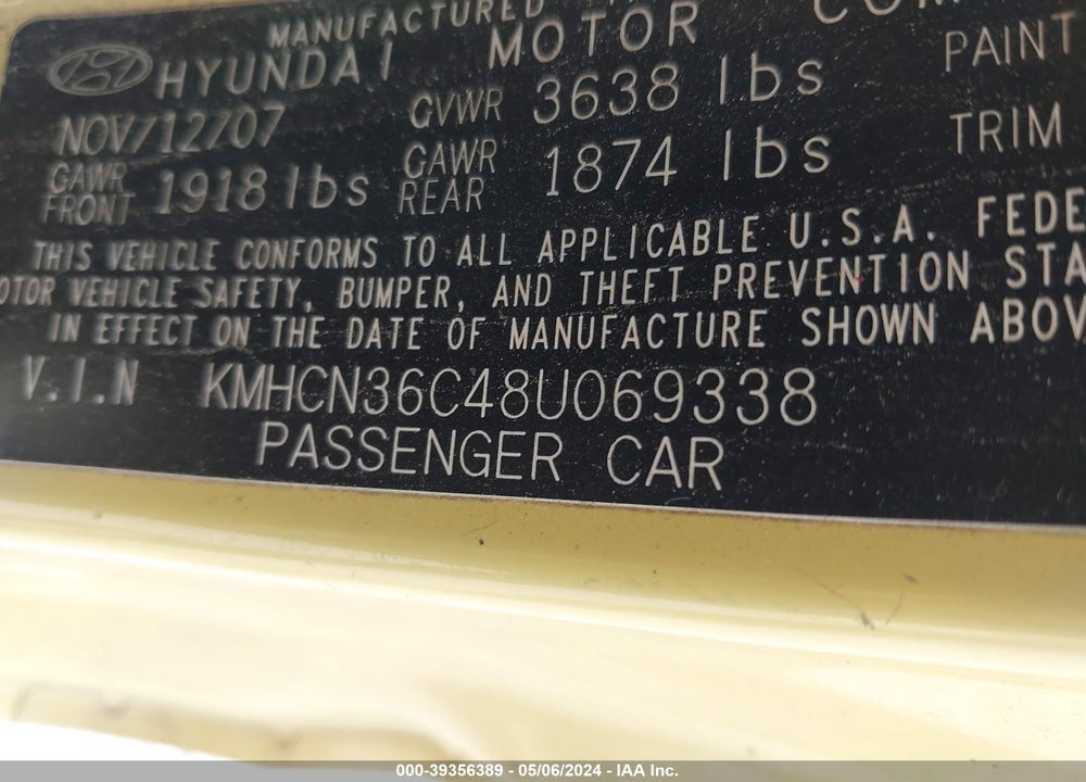 2008 HYUNDAI ACCENT SE VIN: KMHCN36C48U069338