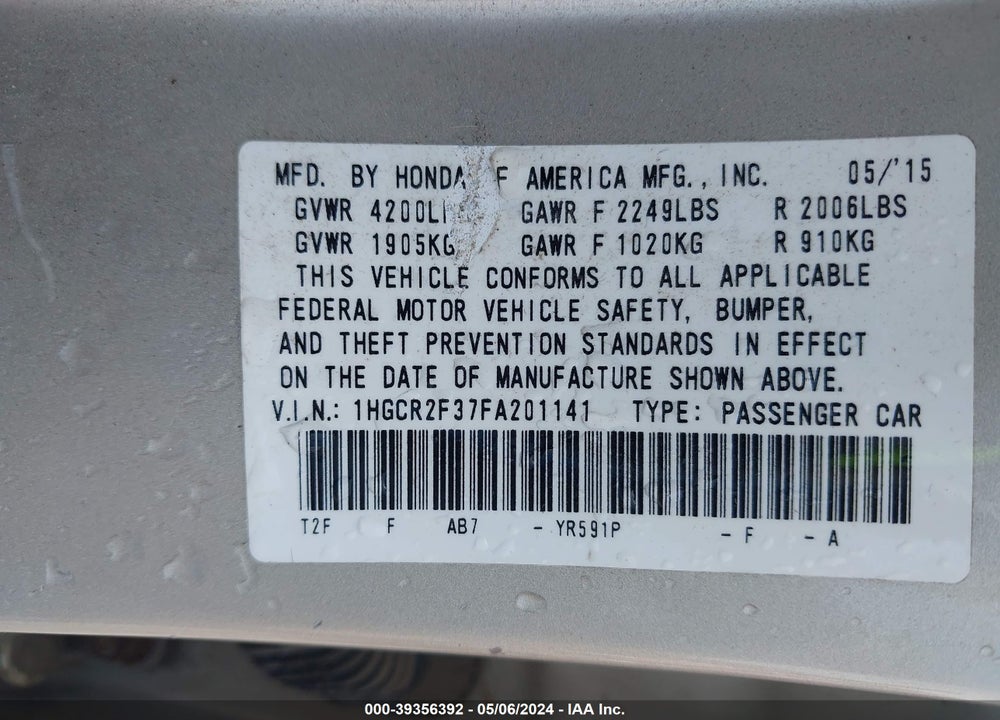 2015 HONDA ACCORD LX VIN: 1HGCR2F37FA201141