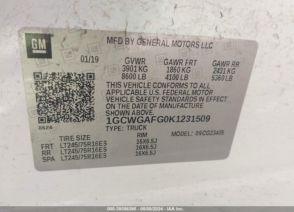 2019 CHEVROLET EXPRESS 2500 WORK VAN VIN: 1GCWGAFG0K1231509