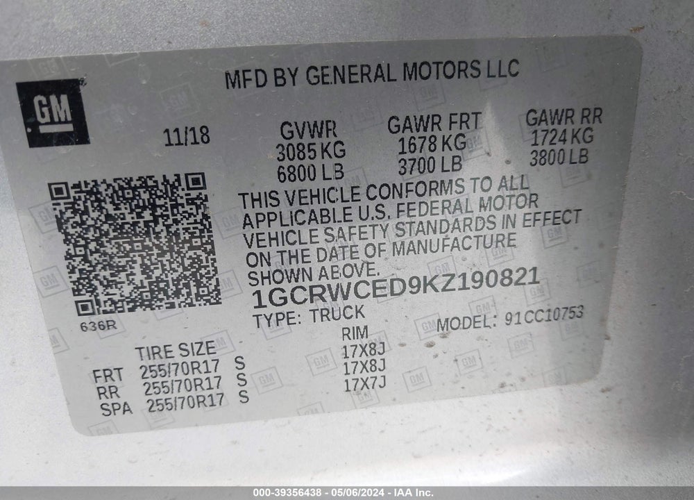 2019 CHEVROLET SILVERADO 1500 LT VIN: 1GCRWCED9KZ190821
