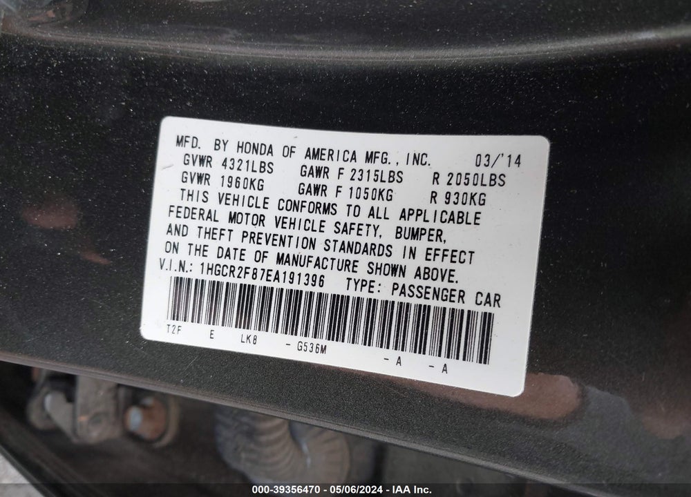 2014 HONDA ACCORD EX-L VIN: 1HGCR2F87EA191396