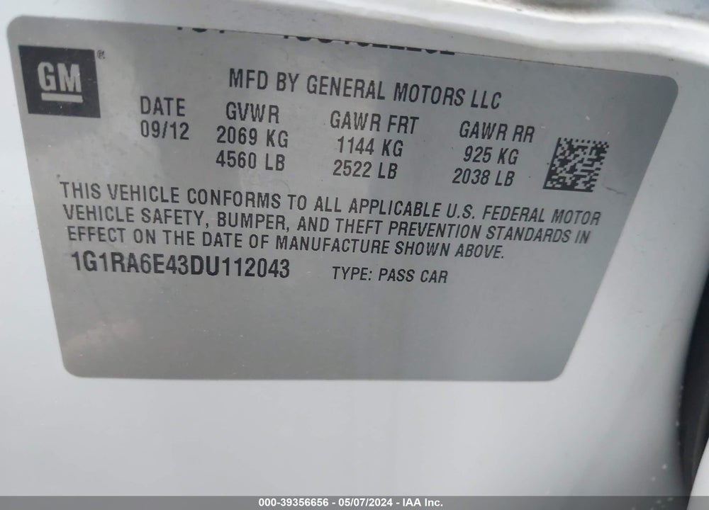 2013 CHEVROLET VOLT VIN: 1G1RA6E43DU112043