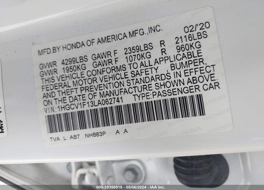 2020 HONDA ACCORD LX VIN: 1HGCV1F13LA062741
