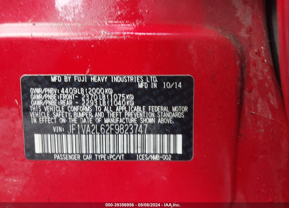 2015 SUBARU WRX STI VIN: JF1VA2L62F9823747
