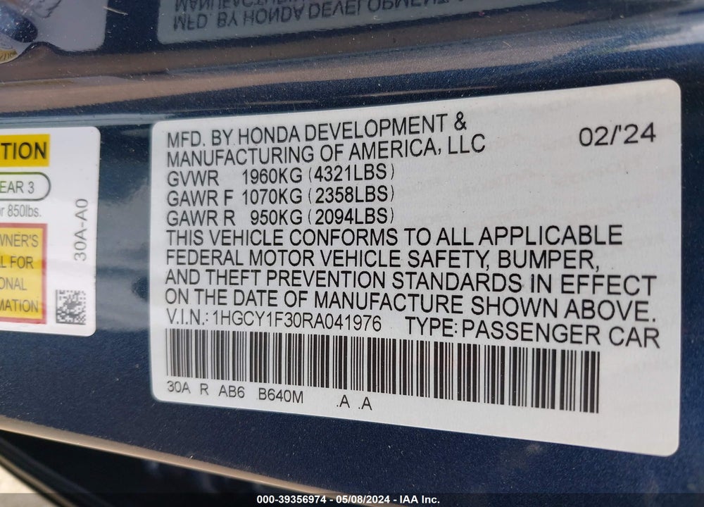 2024 HONDA ACCORD EX VIN: 1HGCY1F30RA041976