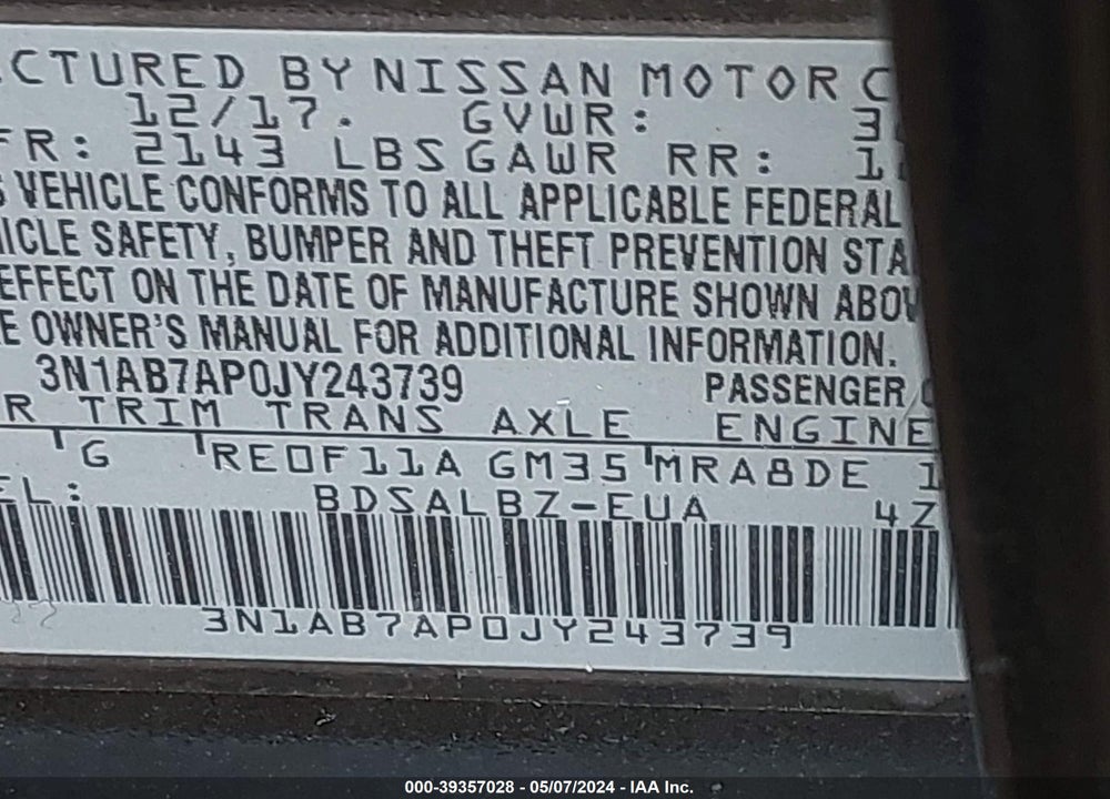 2018 NISSAN SENTRA S VIN: 3N1AB7AP0JY243739