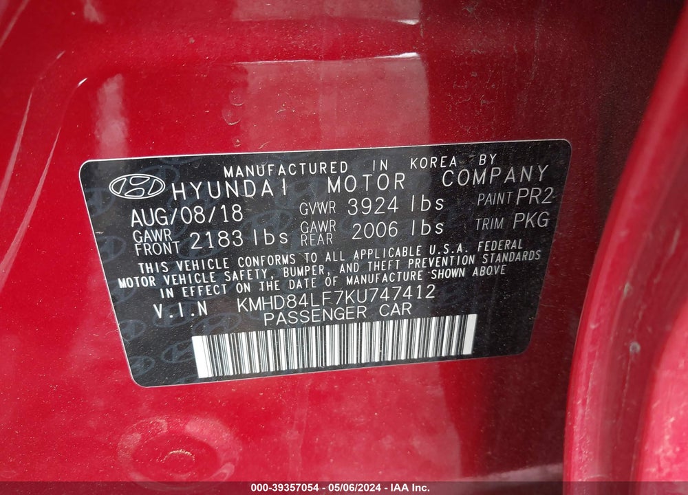 2019 HYUNDAI ELANTRA SEL VIN: KMHD84LF7KU747412