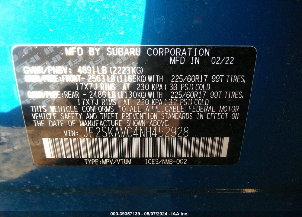2022 SUBARU FORESTER WILDERNESS VIN: JF2SKAMC4NH452928
