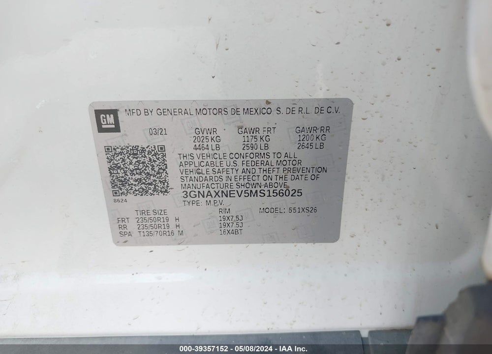 2021 CHEVROLET EQUINOX FWD PREMIER VIN: 3GNAXNEV5MS156025