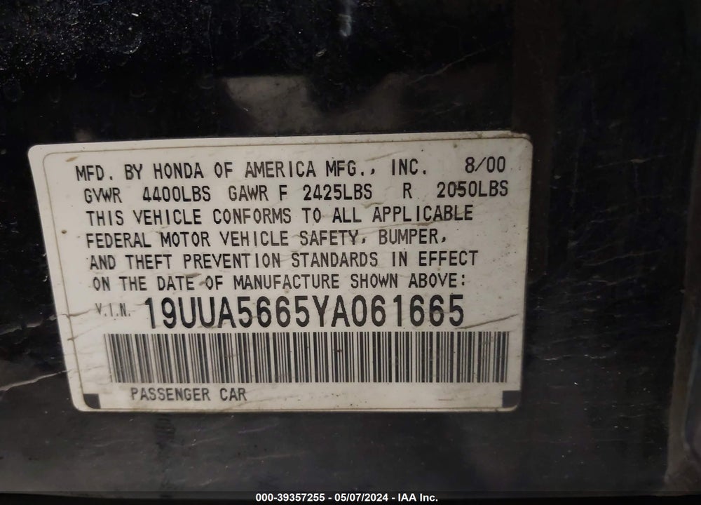 2000 ACURA TL 3.2 VIN: 19UUA5665YA061665