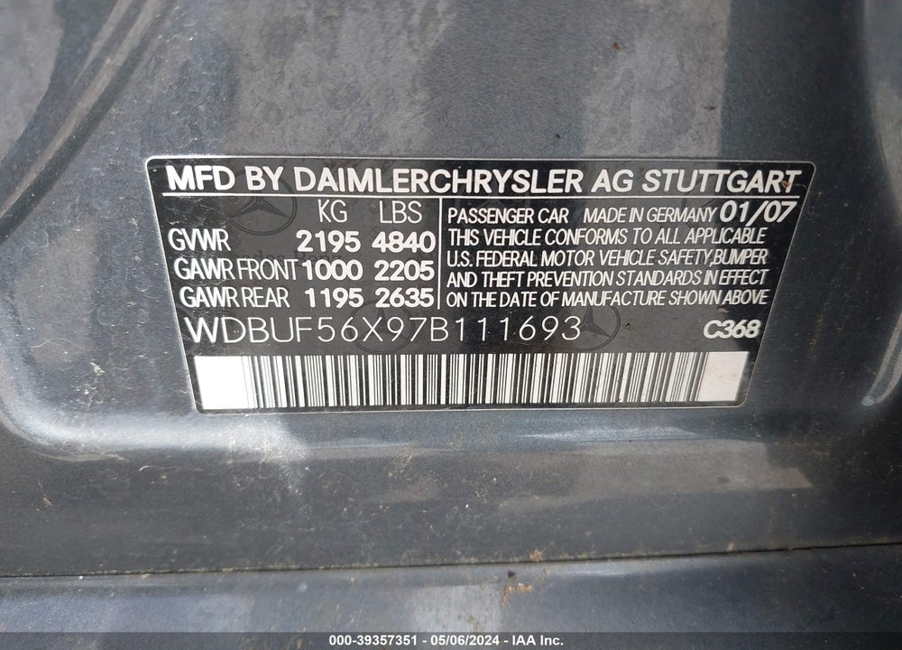2007 MERCEDES-BENZ E 350 VIN: WDBUF56X97B111693
