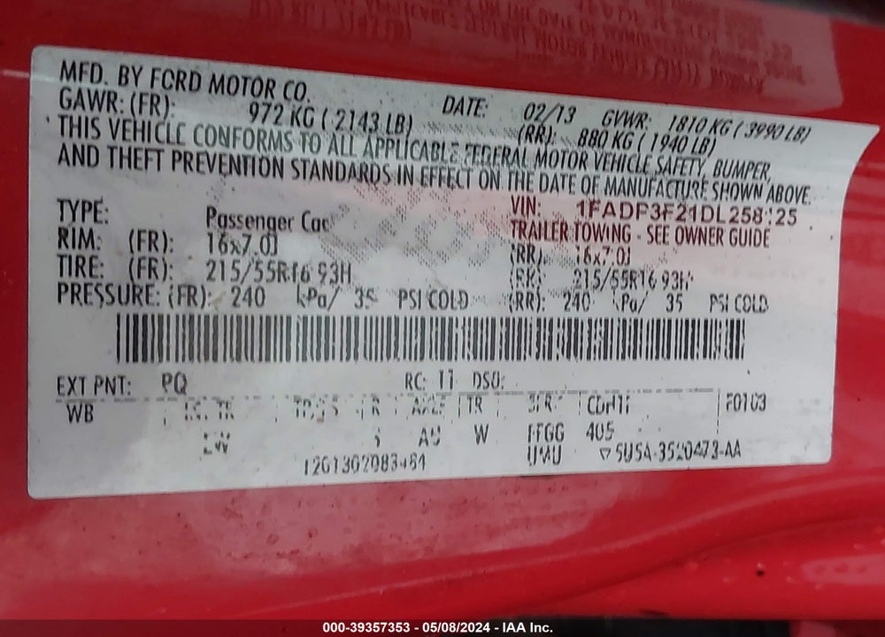 2013 FORD FOCUS SE VIN: 1FADP3F21DL258125