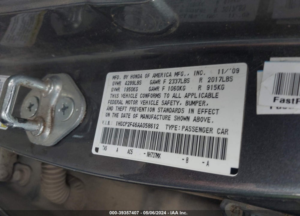 2010 HONDA ACCORD 2.4 LX-P VIN: 1HGCP2F46AA058612