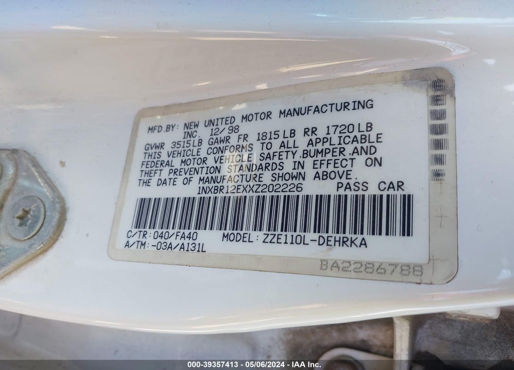 1999 TOYOTA COROLLA VE VIN: 1NXBR12EXXZ202226