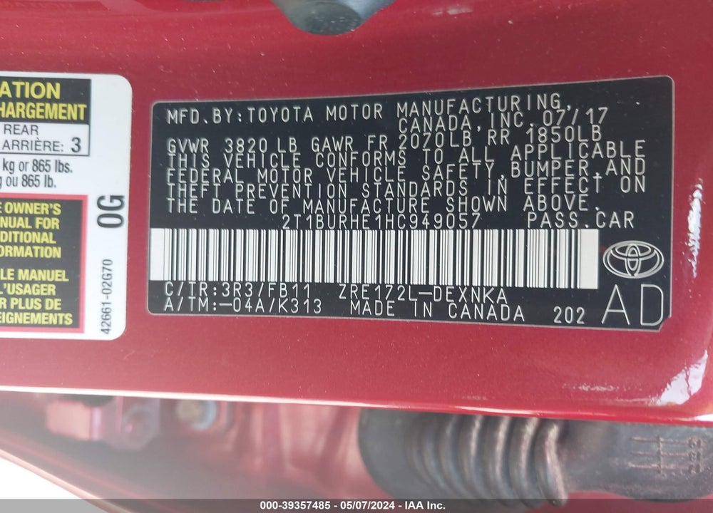 2017 TOYOTA COROLLA L/LE/SE/SE SPECIAL EDITION/XLE/XSE VIN: 2T1BURHE1HC949057