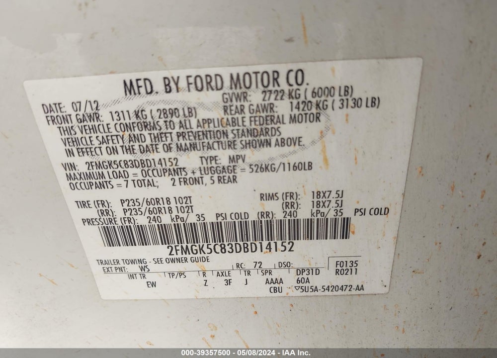 2013 FORD FLEX VIN: 2FMGK5C83DBD14152