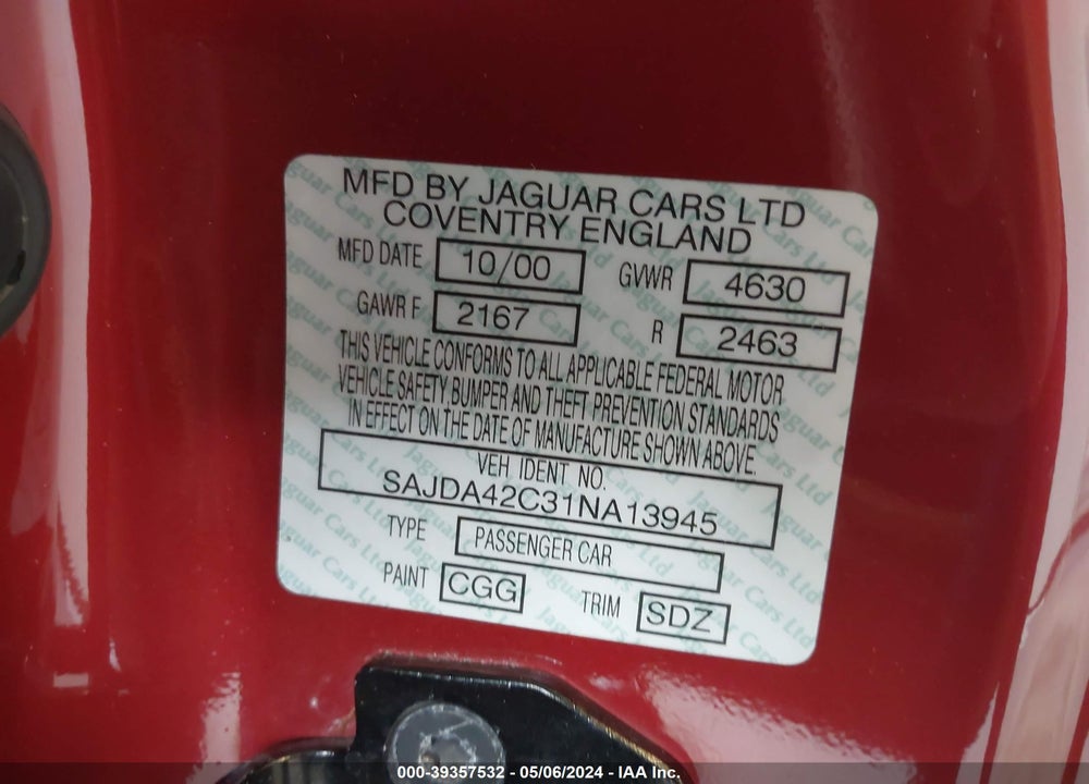 2001 JAGUAR XK8 VIN: SAJDA42C31NA13945