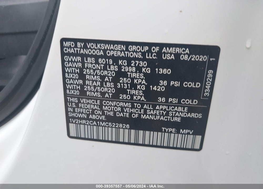 2021 VOLKSWAGEN ATLAS 3.6L V6 SE W/TECHNOLOGY VIN: 1V2HR2CA1MC522826