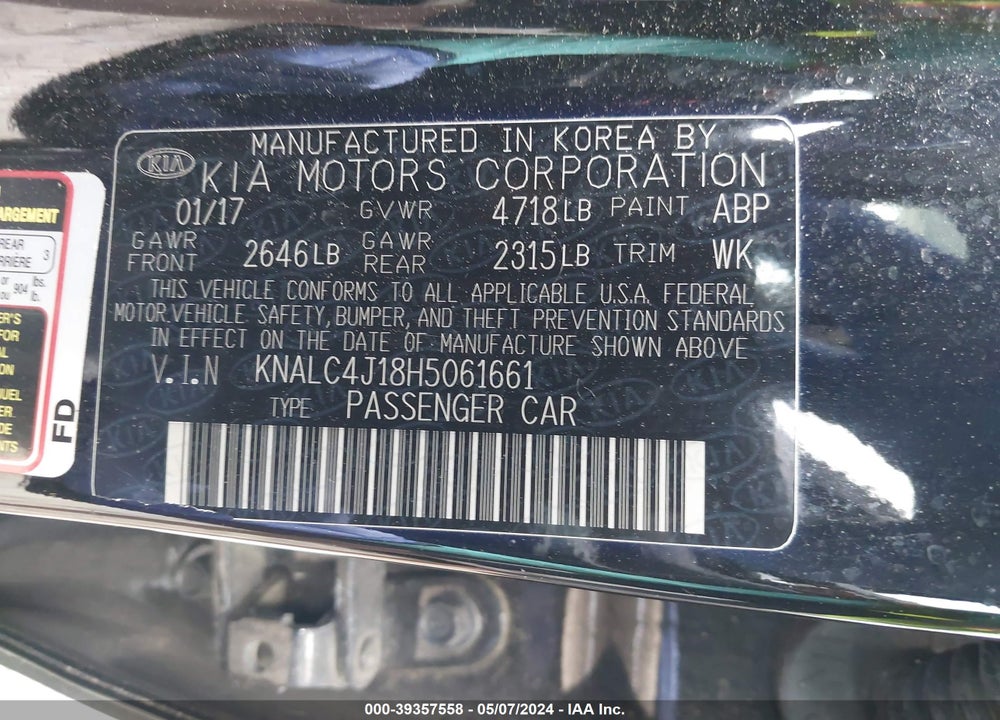 2017 KIA CADENZA PREMIUM VIN: KNALC4J18H5061661