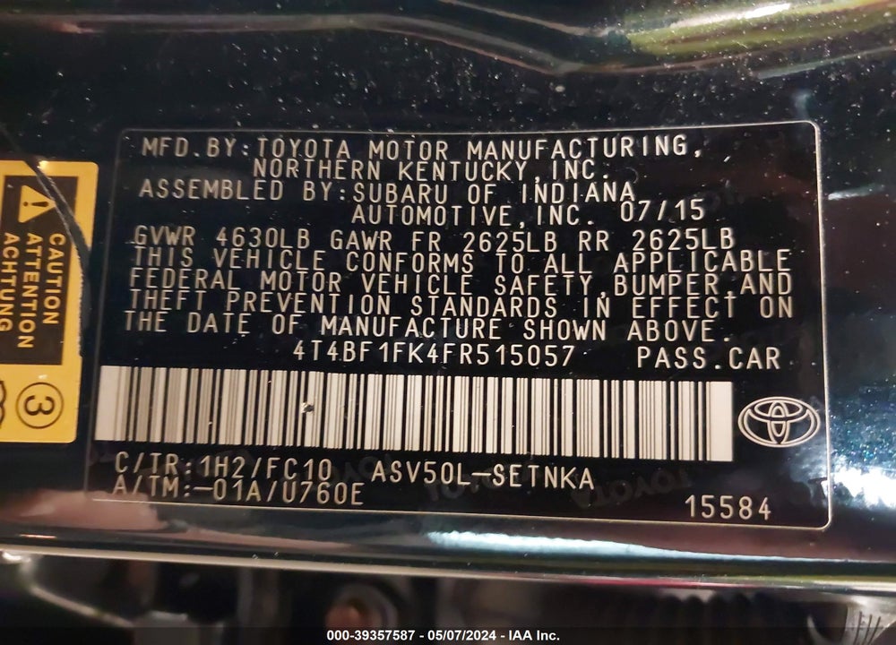 2015 TOYOTA CAMRY LE/SE/XLE/XSE VIN: 4T4BF1FK4FR515057