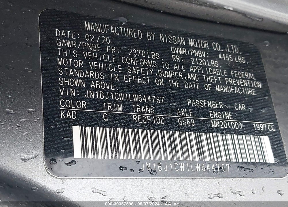 2020 NISSAN ROGUE SPORT VIN: JN1BJ1CW1LW644767