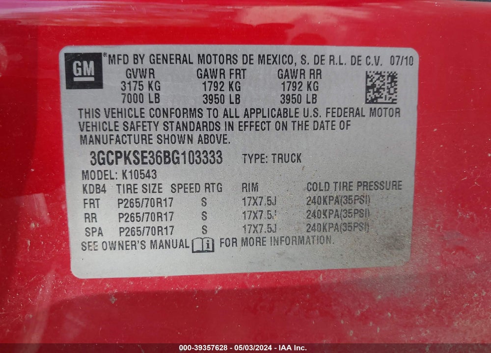 2011 CHEVROLET SILVERADO 1500 LT VIN: 3GCPKSE36BG103333
